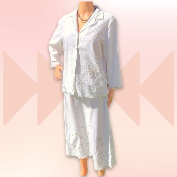 VTG Y2K Linen Blend Skirt Set M/L Top/Lt Jacket Floral Embroidery Requirements - Picture 5 of 16